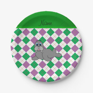Personalised name walrus green purple argyle paper plate