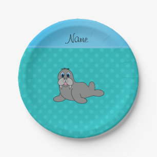 Personalised name walrus turquoise polka dots paper plate