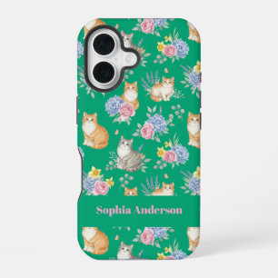 Personalised Name Watercolor Cats and Flowers  iPhone 16 Case