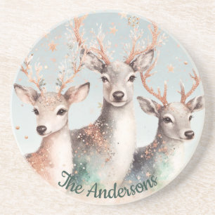 Personalised Name Watercolor Deer Winter Woodland Coaster