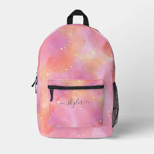Personalised Name Watercolor rainbow pink girls   Printed Backpack (Front)