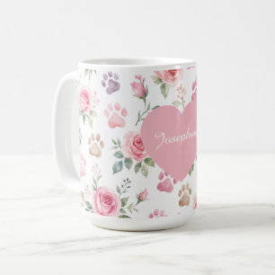 Personalised Name Watercolor Rose & Paw Print  Coffee Mug