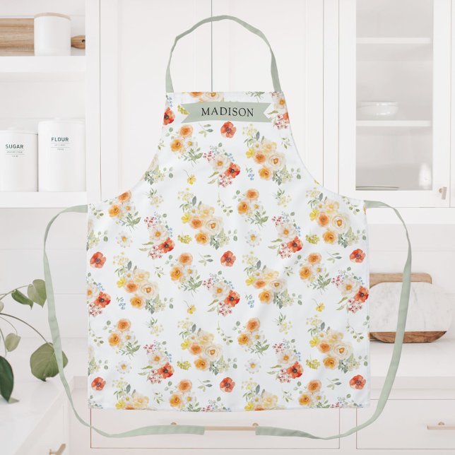 Personalised Name Watercolor Sunny Floral Pattern Apron (Creator Uploaded)
