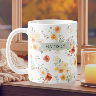 Personalised Name Watercolor Sunny Floral Pattern Coffee Mug