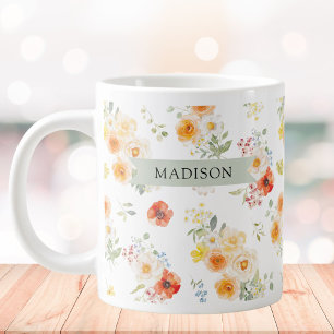 Personalised Name Watercolor Sunny Floral Pattern Large Coffee Mug