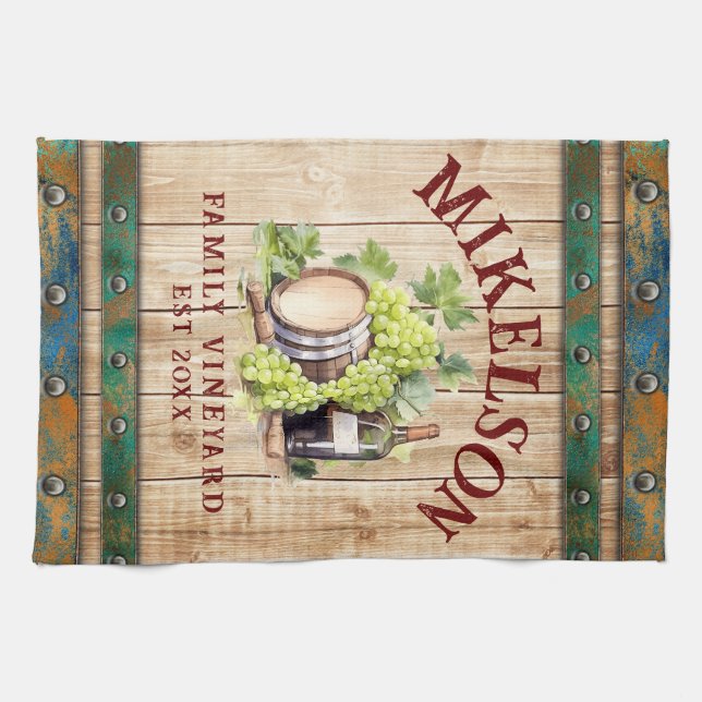 Personalised Name Watercolor Vineyard Wood Barrel  Tea Towel (Horizontal)