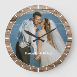 Personalised Name Wedding Photo Rustic Wood Frame  Large Clock