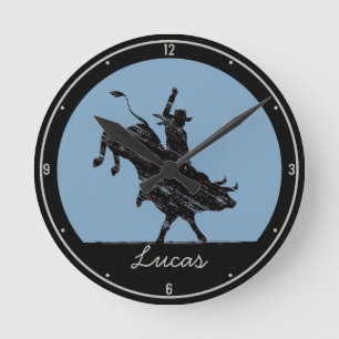 Personalised NAME Western Rodeo Bull Rider Cowboy Round Clock