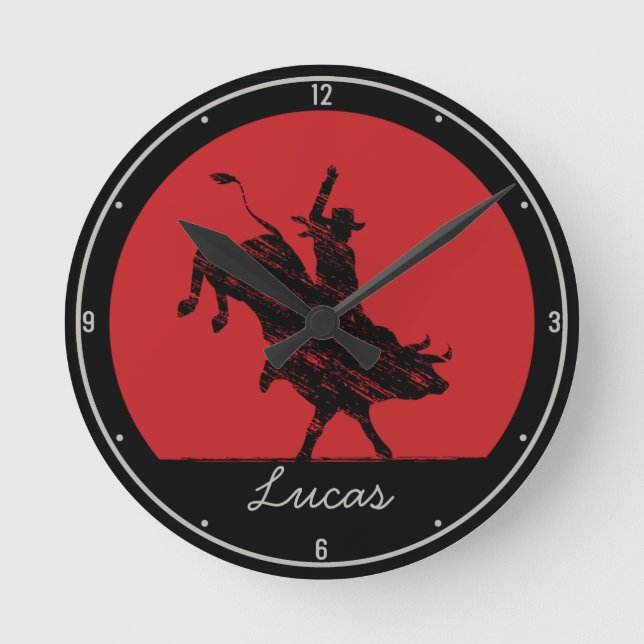 Personalised NAME Western Rodeo Bull Rider Cowboy Round Clock (Front)