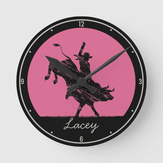 Personalised NAME Western Rodeo Bull Rider Cowboy Round Clock (Front)