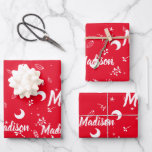 Personalised Name Whimsical Christmas Moon Doodles Wrapping Paper Sheet<br><div class="desc">Personalised Name Whimsical Christmas Moon Doodles Wrapping Paper Sheets  featuring glitter,  whimsical moon,  stars,  botanical leaves on Vibrant red and white colours. A lovely and cute way to impress your kids for holidays,  Christmas,  birthday,  sweet 16 or any special event.</div>