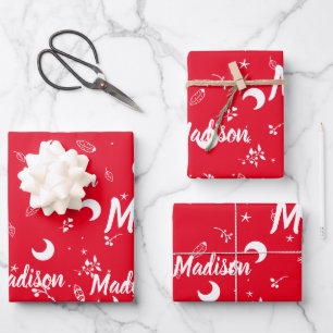 Personalised Name Whimsical Christmas Moon Doodles Wrapping Paper Sheet