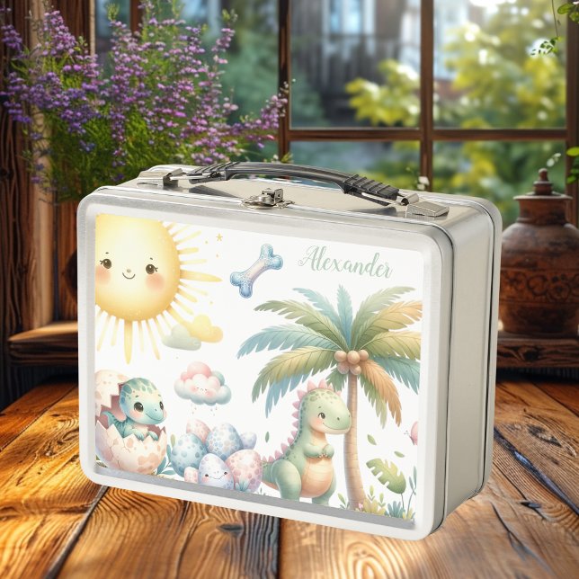 Personalised Name Whimsical Pastel Dinosaur Metal Lunch Box (Creator Uploaded)