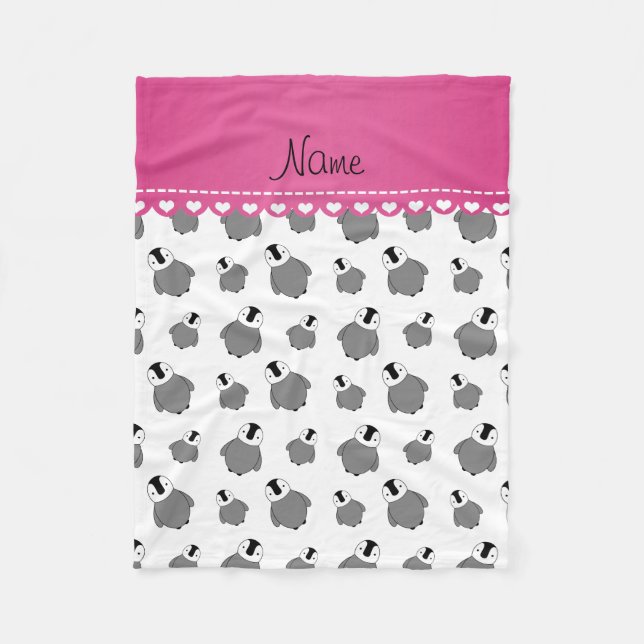 Personalised name white baby penguins fleece blanket (Front)