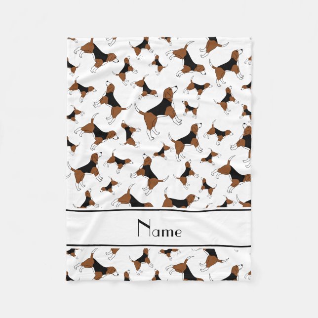 Personalised name white beagle dog pattern fleece blanket (Front)