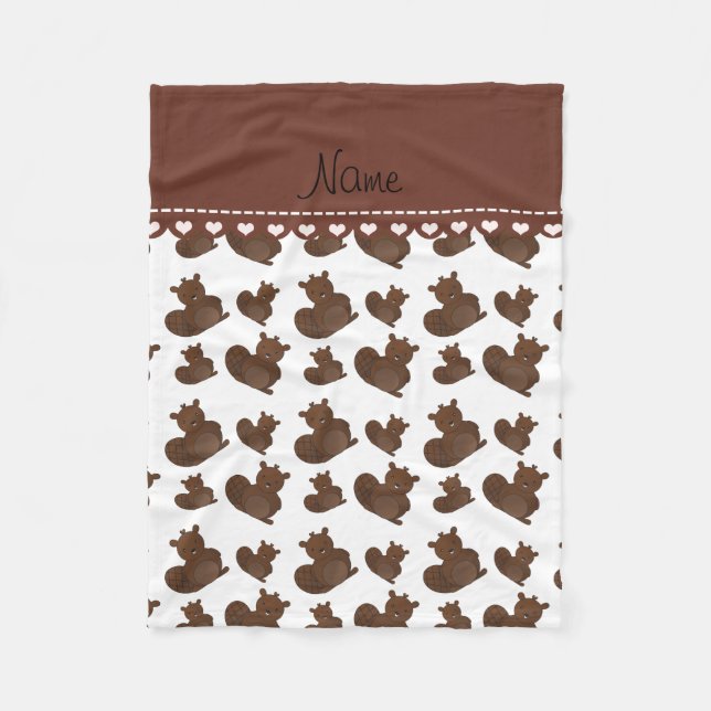 Personalised name white beaver pattern fleece blanket (Front)