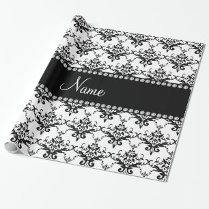 Personalised name white black damask wrapping paper
