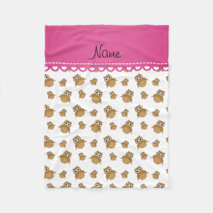 Personalised name white brown owls pattern fleece blanket