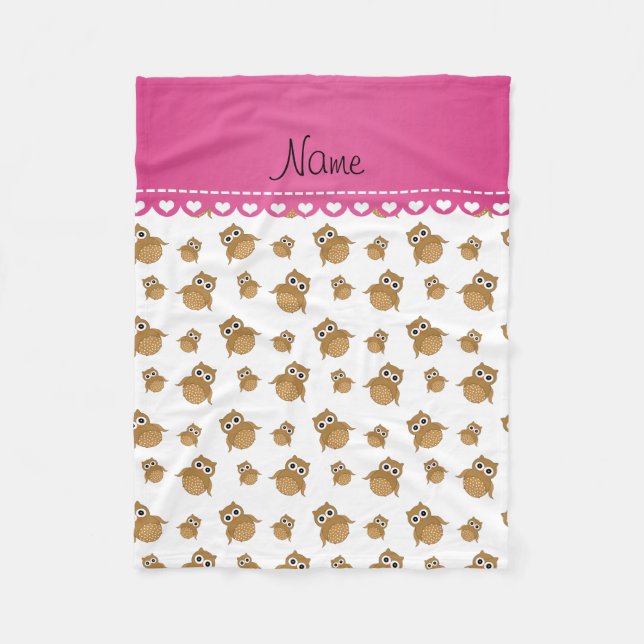 Personalised name white brown owls pattern fleece blanket (Front)