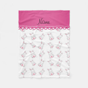 Personalised name white bunnies pink stripe fleece blanket