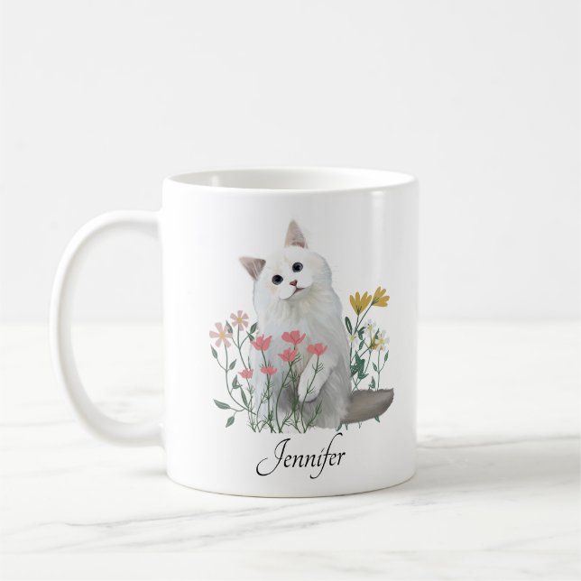 Personalised Name | White Cat Lovers  Coffee Mug (Left)