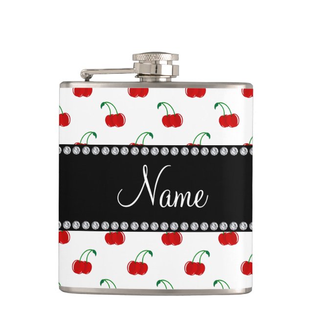 Personalised name white cherry pattern hip flask (Front)