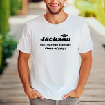 Personalised Name White Class of 2024 Graduation T-Shirt<br><div class="desc">Modern white custom graduation t-shirt design features the graduate's first name in bold black decorative style with grad cap accent (can be re-positioned if needed) and minimal class year and school name wording that can be personalised with your grad's information. Note, the tee shirt colours and style can all be...</div>