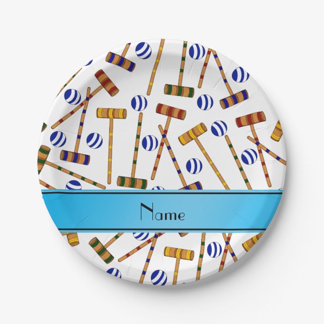 Personalised name white croquet pattern paper plate (Front)