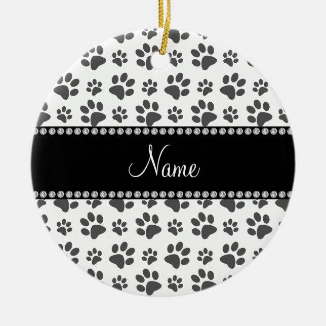 Personalised name white dog paw print ceramic tree decoration (Front)