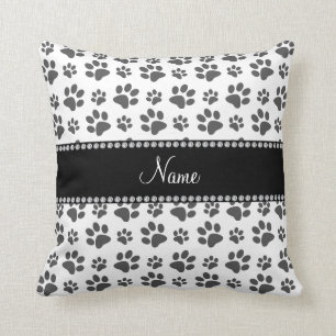 Personalised name white dog paw print cushion