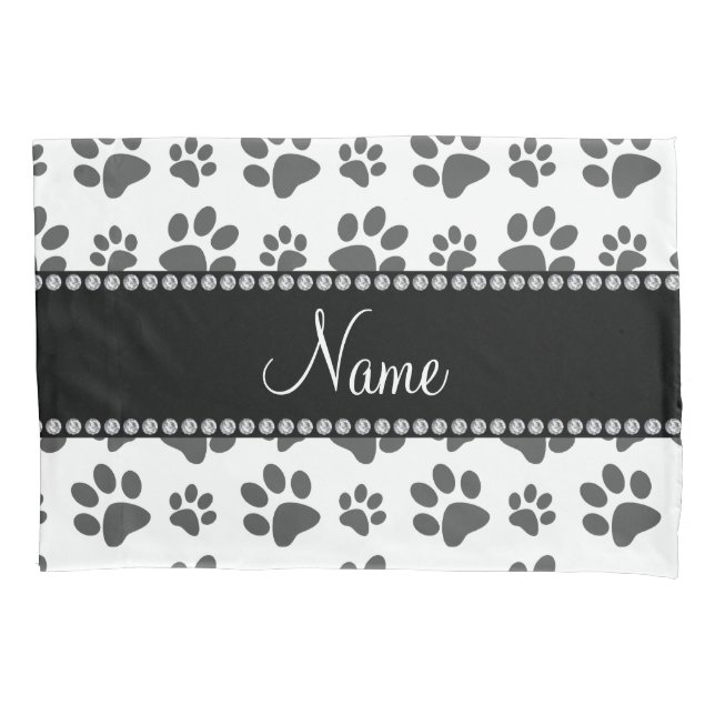 Personalised name white dog paw print pillowcase (Front)