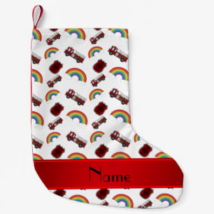 Personalised name white fire trucks rainbows small christmas stocking