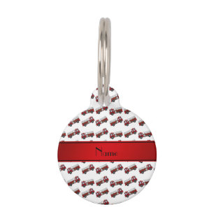 Personalised name white firetrucks red stripe pet tag