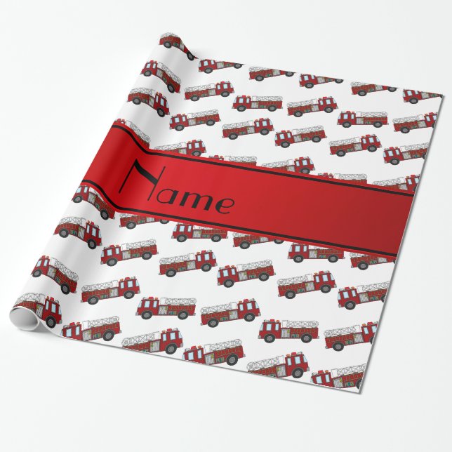 Personalised name white firetrucks red stripe wrapping paper (Unrolled)
