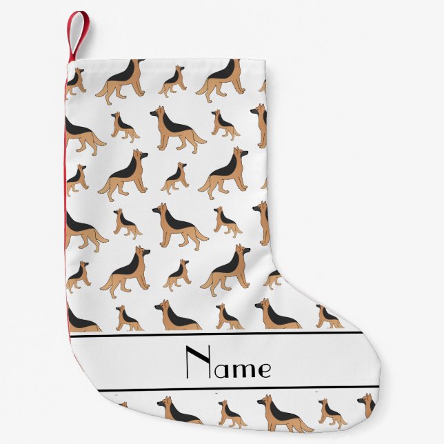 Personalised name white German Shepherd dogs Small Christmas Stocking (Front)