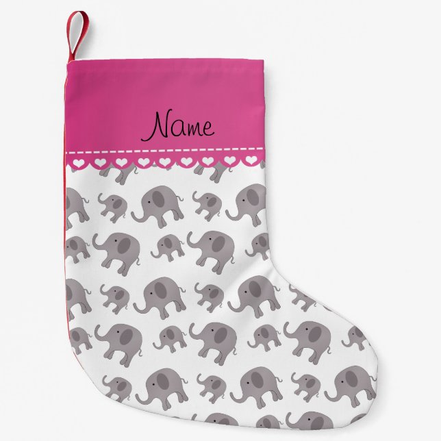 Personalised name white grey elephants small christmas stocking (Front)