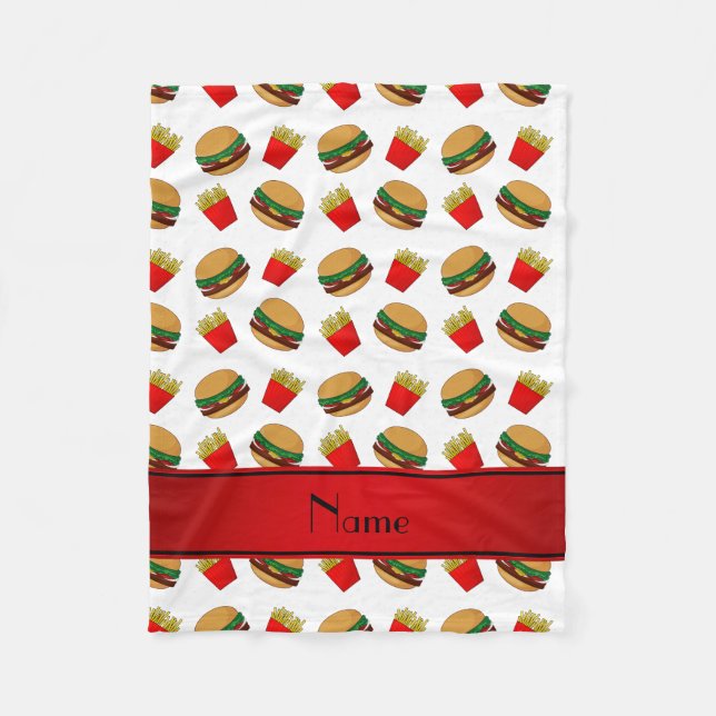 Personalised name white hamburgers fries fleece blanket (Front)