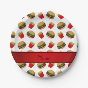 Personalised name white hamburgers fries paper plate
