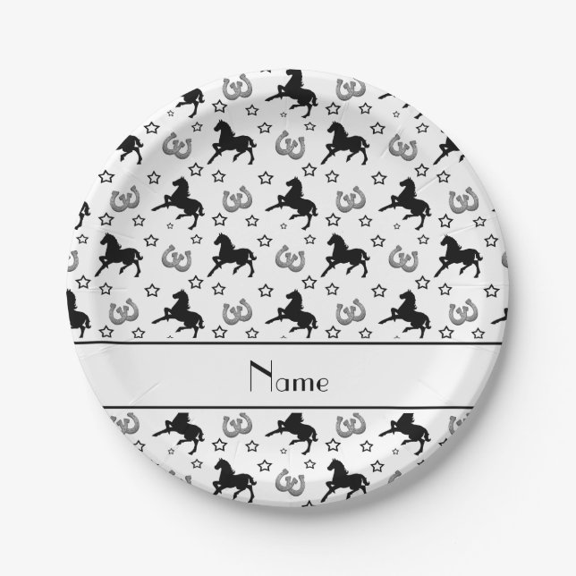 Personalised name white horses stars horseshoes paper plate (Front)
