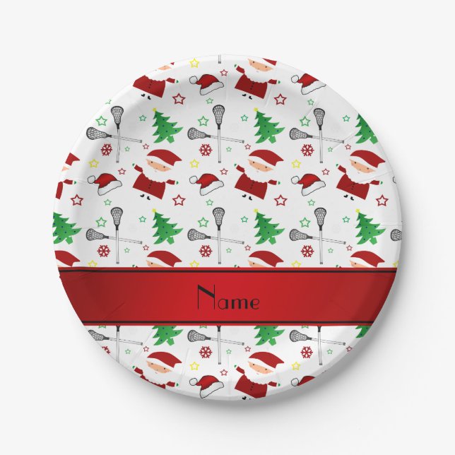 Personalised name white lacrosse christmas pattern paper plate (Front)
