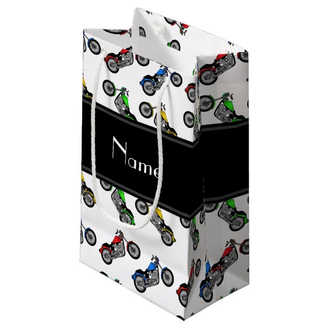 Personalised name white motorcycles small gift bag (Front Angled)