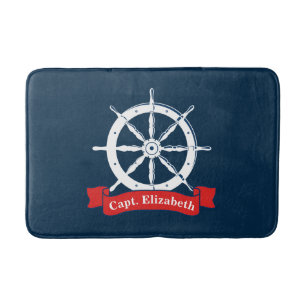 Personalised name, white nautical navy ship wheel, bath mat