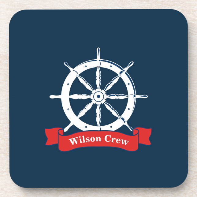 Personalised name, white nautical navy ship wheel, coaster (Front)