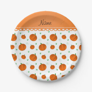 Personalised name white orange pumpkins paper plate