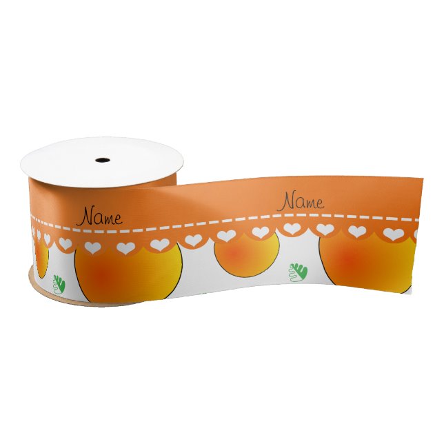 Personalised name white peaches green leaves swirl satin ribbon (Spool)