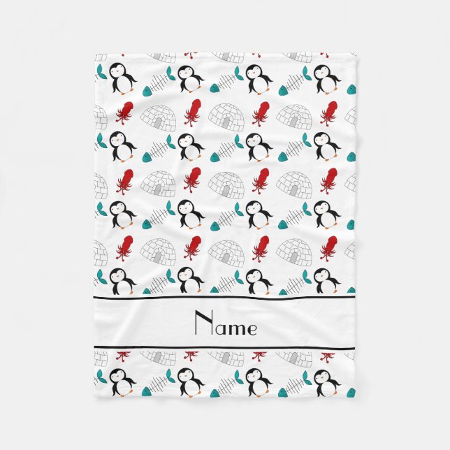 Personalised name white penguins igloo fish squid fleece blanket (Front)