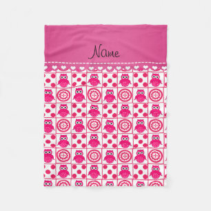 Personalised name white pink retro owls dot circle fleece blanket