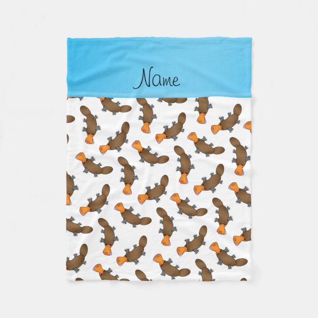 Personalised name white platypus pattern fleece blanket (Front)
