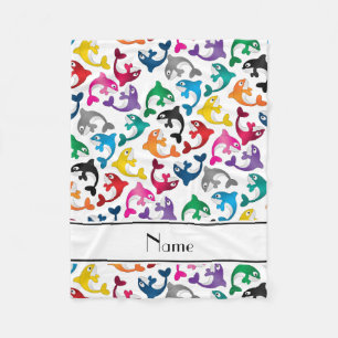 Personalised name white rainbow killer whales fleece blanket