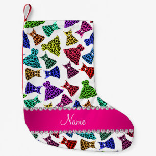 Personalised name white rainbow leopard dresses small christmas stocking
